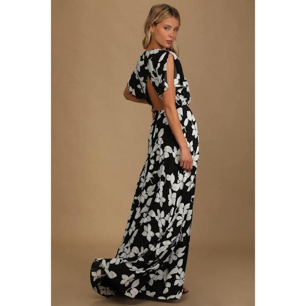 Lulus Azalea Regalia Black Floral Print Wrap Maxi Dress - Size XL